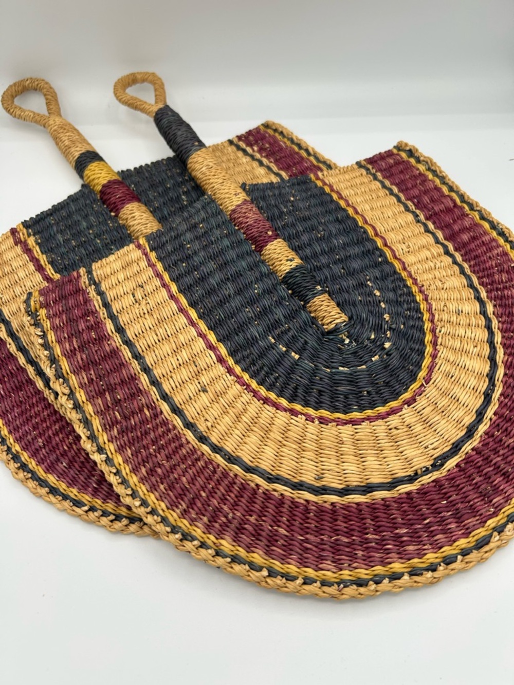 Set of 2 Handwoven Fan in Black, Mustard & Burgundy - Picture 8 of 8